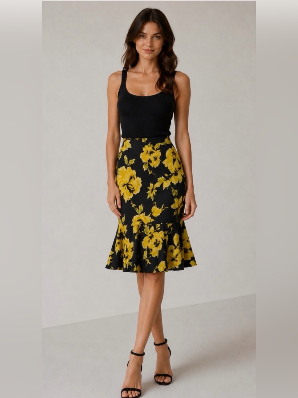 Cache Black A-line Skirt with Yellow Floral Print